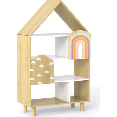COSTWAY Kids Dollhouse Bookshelf House-shaped Bookcase with 2 Doors-Natural (1/5)