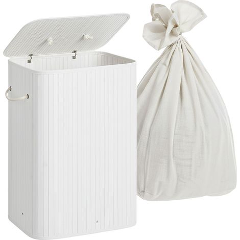 Relaxdays laundry basket with lid, bamboo, 80 litres, foldable laundry hamper, HxWxD: 60 x 40 x 30 cm, white (1/5)