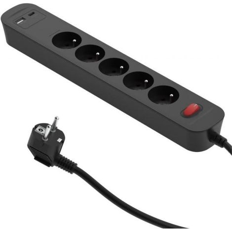 Cable alargador PD20 de 5 tomas con carga r谩pida, interruptor + 2 puertos USB (A+C), 1,4 m, grafito / 34099