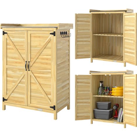 Abri de jardin extérieur en bois avec toit en métal et crochets pour ranger les outils, 71,5 x 39 x 95 cm, couleur naturelle