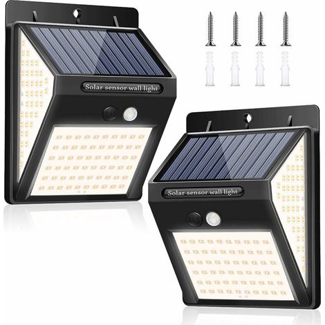 [2 Pack] Solar Security Lights Outdoor, 140 LED Solar Motion Sensor Lights, IP65 Waterproof Solar Powered Durable Wall Lights Outside with 3 Intelligent Lighting Modes for Yard, Garden (Warm White) [E (1/5)