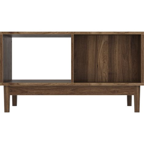Mesa de centro de 80 cm estilo mid-century moderno, color nogal, con cajón y estantes abiertos (1/5)