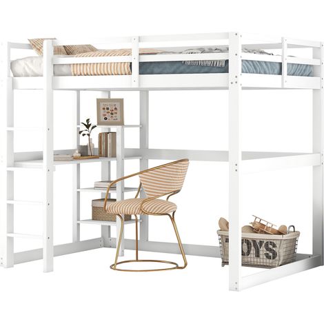 Cama Alta 140 x 200 Cm Con Escritorio Y 4 Estantes, Sin Colchón, De Madera, Blanco Antiguo (1/5)