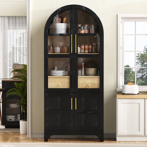 Optimisation Espace Vaisselier Buffet Haut Rangement 76x40x180cm Verre Cannelé pour Cuisine et Salle à Manger (1/5)