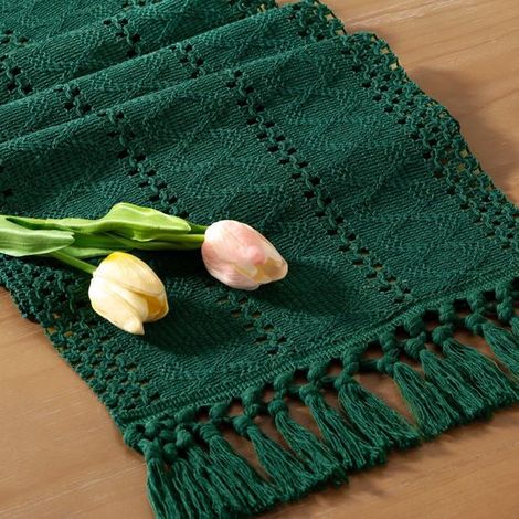 Camino de mesa bohemio para Pascua, primavera, estilo granja, yute, bambú, rústico, comedor, centro de mesa, bufanda, verde oscuro, 30160cm (1/5)
