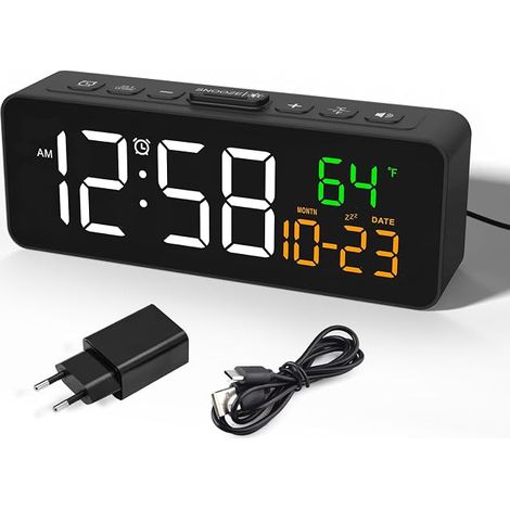 Reloj despertador digital pequeño, despertador de mesita de noche con pantalla de temperatura/fecha, 4 niveles de brillo, 3 niveles de volumen, función de repetición de alarma. (1/5)
