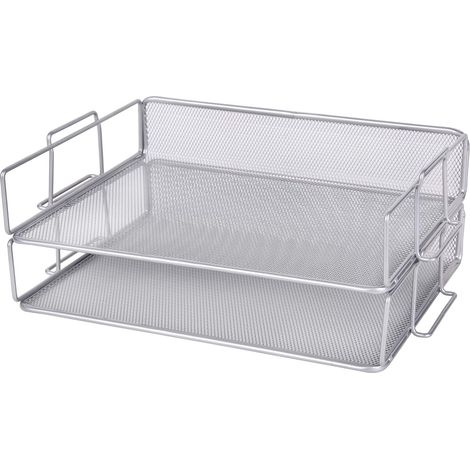 Plateaux à courrier (lot de 2) / Corbeille de bureau empilable en métal grillagé / Organiseur multifonctionnel / Porte-documents pour bureau, école, étude - Argent (Argent) (1/4)