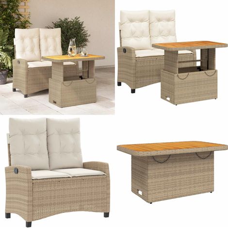 Set comedor de jardín 2 pzas con cojines ratán sintético beige - Banco de jardín - Mesa de jardín