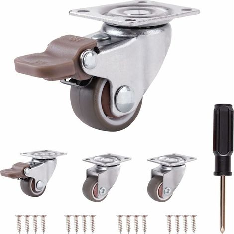 Roulettes Pivotantes Pour Meubles - Diamètre 25 mm - TPE Silencieux - Cadre Métal Galvanisé - 2 Avec Frein + 2 Sans Frein - Lot De 4