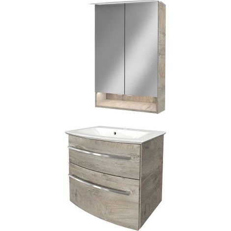 Fackelmann B.STYLE Badmöbel Set – Waschbecken mit Unterschrank und LED-Spiegelschrank in Holz braun – Waschbeckenunterschrank 60 cm hängend breit – Badezimmermöbel in Eiche Holzoptik"-"90174145 (1/5)