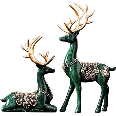 Statuen für die Inneneinrichtung, Figuren, Skulpturen, modern, 11,4 große Hirschdekorationen, Mitteltisch, Wohnzimmer, Harz, 2 Stück, große Regalakzente, Bücherregal, Kaminartikel, weihnachtliches grü (1/4)