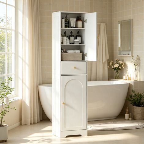 Armadio alto da bagno bianco in truciolare 40 x 29,5 x 170 cm OKWISH (1/5)
