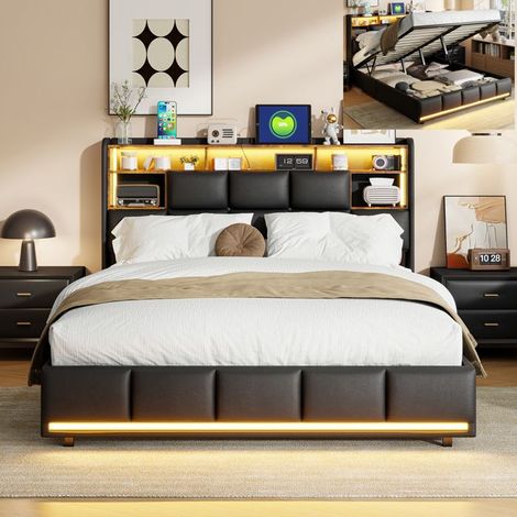 Doppelbett 140x200 cm, LED, gepolstertes Bett, Bettgestell 140x200 cm, schwarzes Bett mit Stauraum, hydraulisch, Kopfteil mit Stauraum, PU