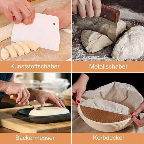 Un ensemble de paniers en rotin, comprenant un bol de fermentation traditionnel de style européen, un panier à pain ovale, un panier à fruits et un panier de rangement.