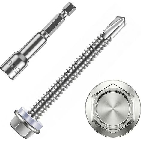 Vis Autoforeuse Metal Inox 410 Vis Autoperforante 5.5x50mm 110Stk avec Rondelles D'étanchéité EPDM Fixation étanche et 1 Douilles Hexagonale pour Metal Bac Acier Bois Tôle Placo Toiture (1/5)