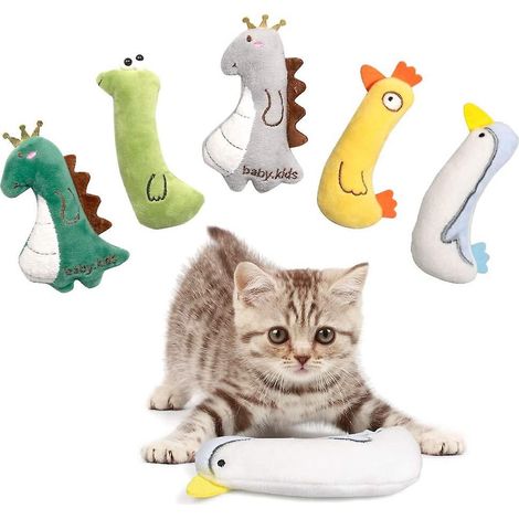 Set mit 5 weichen Plüsch-Kauspielzeugen für Katzen, gefüllt mit Katzenminze und mit niedlichen Cartoon-Tieren. Bissfest und ideal für Wohnungskatzen.