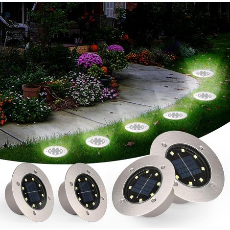 4 Pièces Lumière Solaire Extérieur Jardin, 8 LED Lampe Solaire Au Sol Étanche IP65, Lampe Solaire Spot Encastrable pour Chemin, Cour, Terrasse, Pelouse, Jardin, Blanc Froid [Classe énergétique A+] (1/5)
