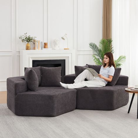 Sillón individual modular hexagonal de estilo moderno, tapizado en chenilla gris, con 3 cojines (1/5)