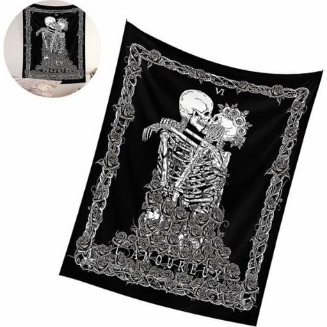 Tapisserie Crâne, Baisers Amants, Tenture Noire Tarot Squelette Décor Chambre/Salon (73x95cm) (1/4)