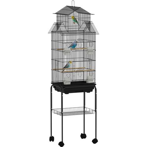 Cage à Oiseaux Volière sur Pied Roulettes avec Balançoire Support Style Maison 50.5 x 41 x 163 cm Acier Noir