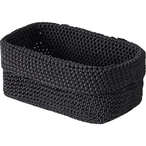 Panier de Rangement Noir, Tricoté à la Main en Corde Coton, 21×13×15,5 cm, Petit Tressé, Boîte Organisatrice pour Cuisine, Salle Bain, Étagères, Pain et Cosmétiques (1/4)