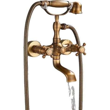 Robinet de douche de baignoire, design à double poignée, installation murale, Laiton antique B (1/2)