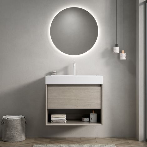 Mobile lavabo sospeso 70 cm moderno, finitura rovere chiaro con lavabo integrato bianco in resina, 1 cassetto e vano a giorno (1/5)
