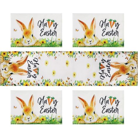 Ostern Tischläufer mit 4 Tischsets, Hase Karotten Polyester Tischdekoration für Ostern Party Küche Esszimmer Ferienhaus Tisch Decor, 30 x 180 cm/12" x 71" (1/5)