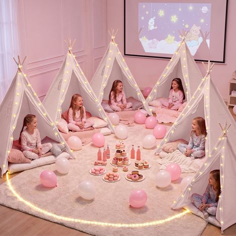 FIANAO – Lot de 6 tentes tipi pliables avec guirlande lumineuse – coton et lin, cadre bois – 120 × 120 × 140 cm, blanc (1/5)