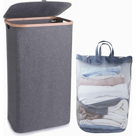 Laundry Hamper with Lid Gray 110L Laundry Hamper Fabric Laundry Hamper with Bamboo Handles for Clothes Dorm Room (1/5)