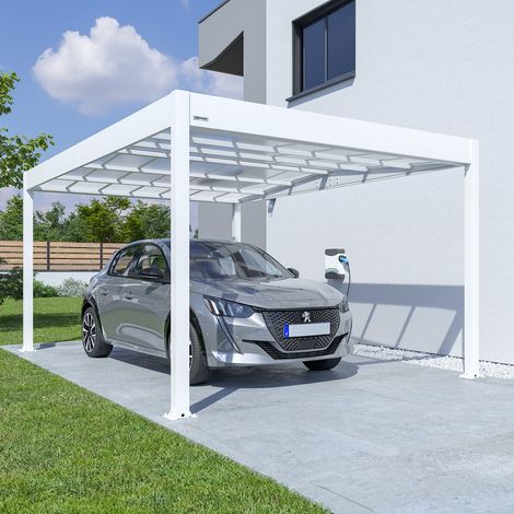 Trigano – Carport aluminium blanc 16 m² – Résistant aux vents jusqu'à 150 km/h – Charge neige 20 cm – Largeur de passage 2,96 m