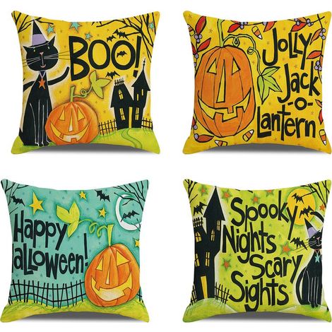 Ensemble de 4 taies d'oreiller d'Halloween 45 x 45 cm, en lin doux, pour décorer un canapé, une voiture ou un jardin champêtre orange. (1/3)