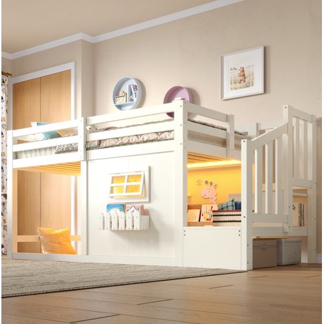 Hochbett 90x200 cm aus weißem Holz mit Stauraumtreppe, platzsparend, ohne Matratze – MEUBLIV (1/5)