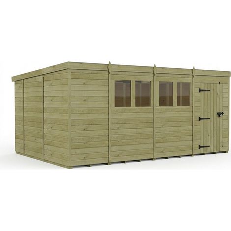 15ft x 10ft Pent Garden Shed Single Door With Windows - Pressure Treated Timber - L457 x W305 x H210 cm - Natural