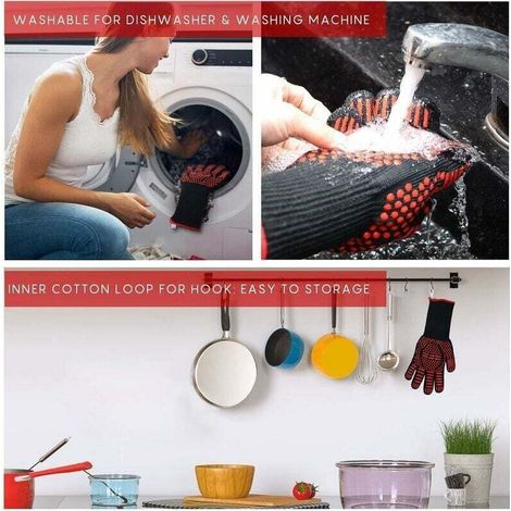 Gant Four,Gant Anti Chaleur,Gant Barbecue 800 °C Gant pour Four Anti Chaleur Silicone Résistant à Chaleur et Antidérapant pour la Cuisine (Rouge)