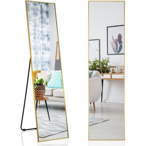Espejo de cuerpo entero de 160 x 40 cm espejo de pie y de pared 2 en 1 de cristal irrompible dorado