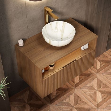 Vasque, éclairage LED, avec tiroir, avec étagère, blanc, 80 cm, pour salle de bain, format pratique, style moderne et facile à associer