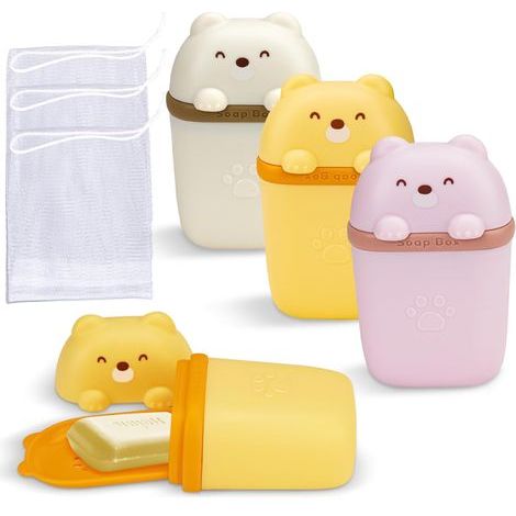 3 Pack Travel Soap Boxes, Leakproof Soap Dishes with Lid and Drain, Soap Net for Bathroom, Travel, Outdoor (1/5)
