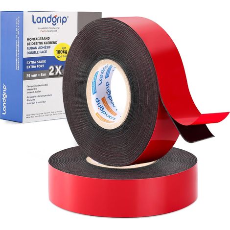 Lot de 2 rouleaux de ruban adhésif double face extra fort - 25 mm x 6 m - Ruban adhésif de montage en acrylique résistant à l'eau et aux UV - Pour voiture, mur, LED, décoration et extérieur (1/5)