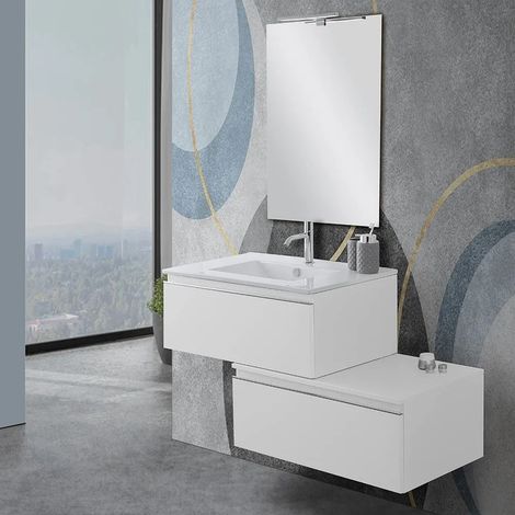 Mobile sospeso 80 cm bianco lucido doppia base lavabo e specchio Iside (1/5)