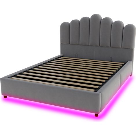 Cama canapé tapizada 140 x 200 cm en terciopelo gris con LED y cabecero acolchado (1/5)