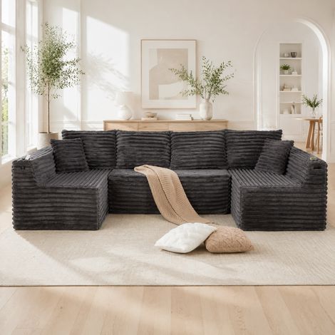 Canapé d'angle modulable U 320x155x88 cm en tissu côtelé gris foncé, avec rangement salon FloraGrace (1/5)
