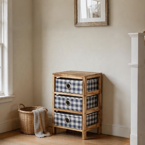 Wooden Chest 3 Storage Drawers Blue Plaid Fabric Bedroom Organiser Coastal Style (1/5)