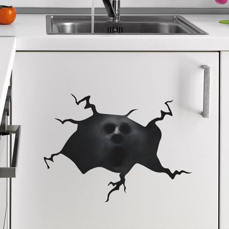 Lot de 2 stickers muraux adhésifs Halloween crâne fumé effet vitre cassée, décoration intérieure autocollante pour fenêtre, style illusion optique (1/4)