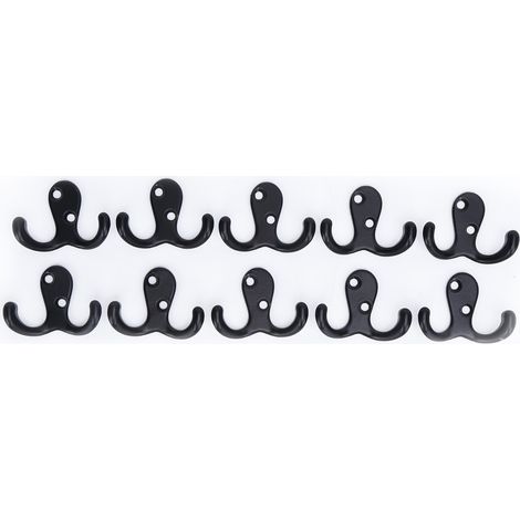 Lot de 10 crochets muraux doubles, petits, antirouille, robustes, durables et pratiques, pour manteaux, vêtements et clés (noir) (1/5)