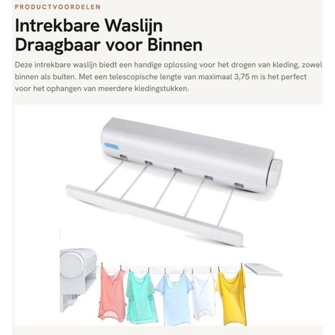 Étendoir à linge mural extensible avec 3,75 m de corde à linge, gain de place, pour salle de bain, balcon et jardin, intérieur et extérieur, blanc (1/5)