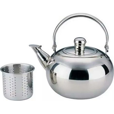 Théière ménagère argentée de 14 cm avec filtre et infuseur en acier inoxydable épais, idéale pour les restaurants.