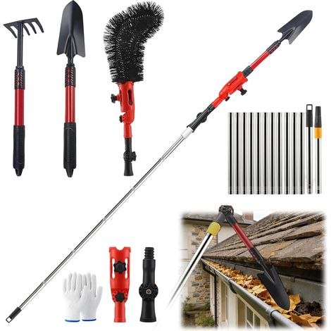 Nettoyeur de gouttières avec manche télescopique de 4 m, kit de nettoyage de gouttière télescopique 3-en-1, avec tête pivotante à 180°, râteau, pelle et brosse de gouttière pour feuilles, saleté (1/5)