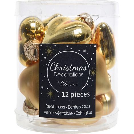 Christbaumkugeln Goldfarben Herzform 6 x glänzend & 6 x matt aus Glas - 12er Set
