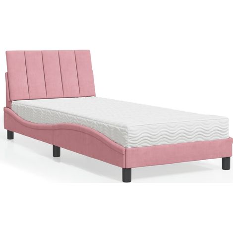 Lit avec matelas 80 x 200 cm en velours rose, sommier à lattes et tête de lit - PANGIVO (1/5)
